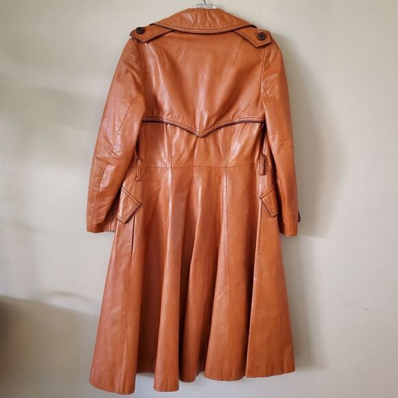Vintage Women's Brown Leather Knee Length Coat Trench Cowgirl Western Rodeo - Picture 4 of 11